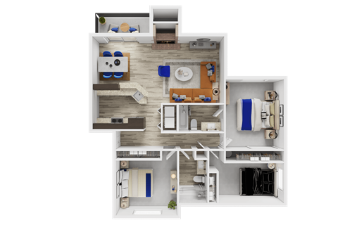 A detailed 3D floor plan of a house showing all rooms and their furnishings.